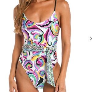Sunshine 79 La Blanca Psychedelic Swirl One Piece Swimsuit S Removable Belt